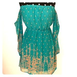 Francesca’s Turquoise & gold off-shoulder dress